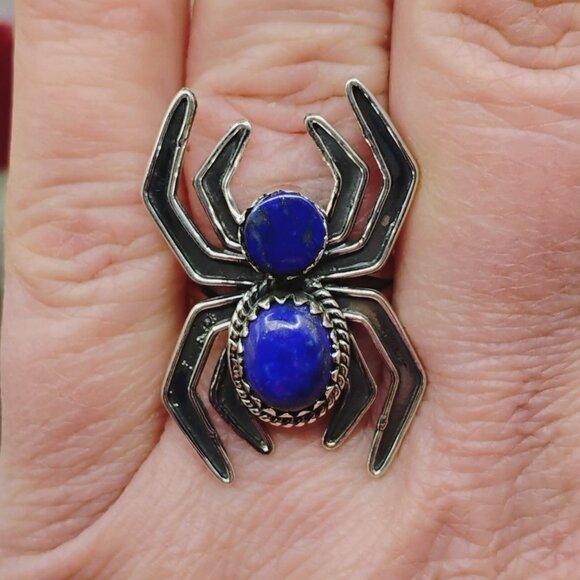 Artisan Jewelry - Handmade Sterling Silver Spider Ring w/Blue Lapis Size 7